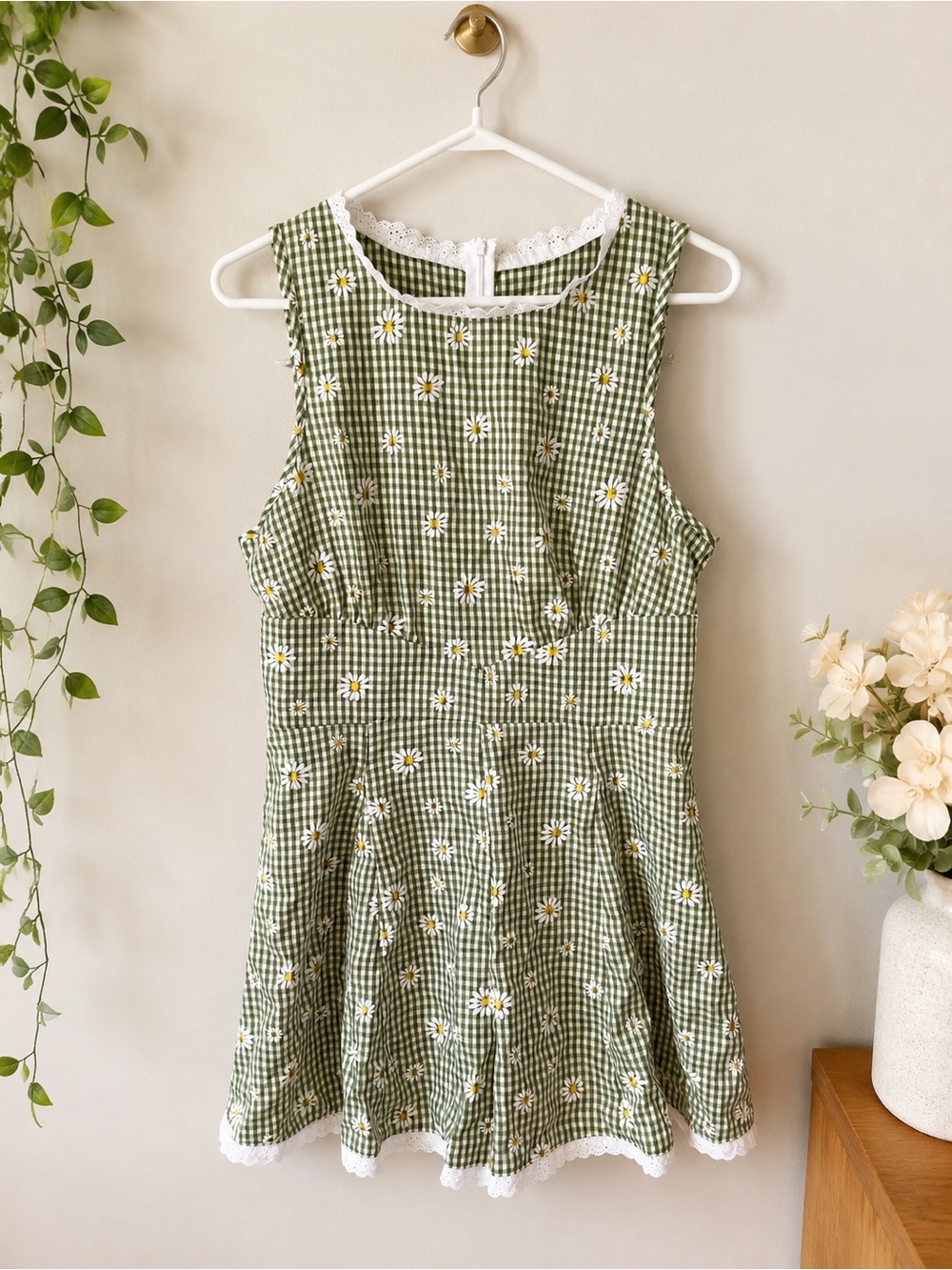 NWT SHEIN Green Gingham Daisy Romper